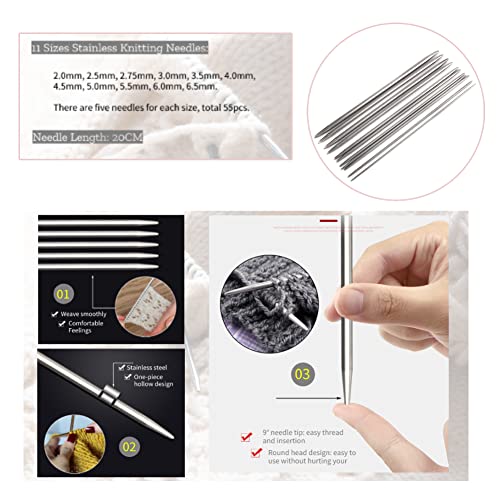 55 st Roestvrij staal Dubbele puntige breinaalden 2mm-6.5mm 11 maten breinaalden set DIY handwerk naainaalden 3