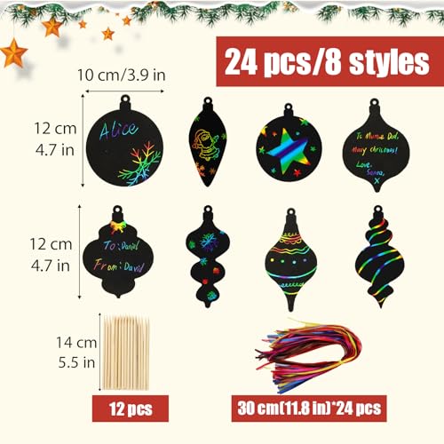 24st Kids Scratch Art Baubles Krasende en winnende Rainbow Decoratie Kerstboom Bamboe Pennen en Ribbon voor Hanging Gift Party DIY (A)