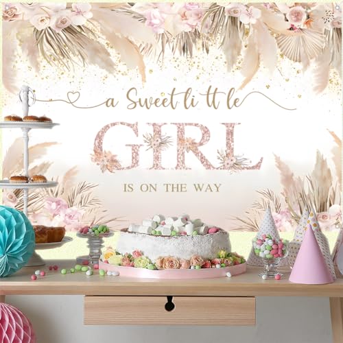 Een lief klein meisje is op de weg baby welkom achtergrond roze bloemen baby douche fotografie achtergrond bloem meisje feest decoraties Feestbanner Stof Tekenposter 5