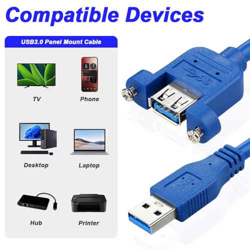 USB3.0 USB A Panel Mount Extension Cable, USB A Plug to Bushing for Charging and Data with Screwdriver, Screws (4 Pack) 4
