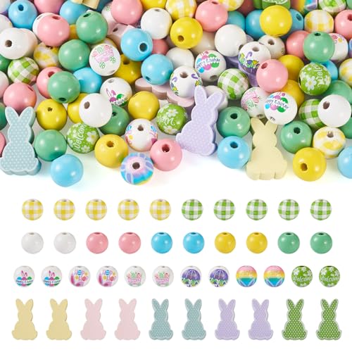 160 st. Natuurlijke houten kralen - Bunny ronde grote gat Groene lente bloemen Konijnen Spacer houten kralen voor doe-het-zelf Pasen sieraden maken