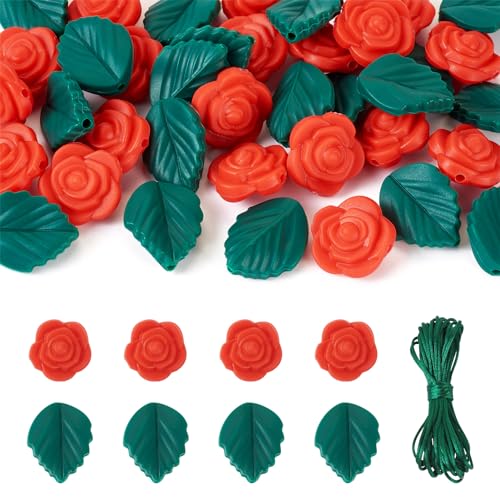 40 st. Roze bloem blad Siliconen focal kralen met Nylon Wire Rose sieraden maken Kits Rode bloem Groen blad kralen voor DIY Kunst Ambachten sieraden maken