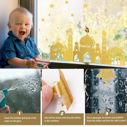 4 Vellen Goud Glitter Eid Mubarak Window Stickers Ramadan Kareem Window Clings voor glazen vensterdecoraties 5