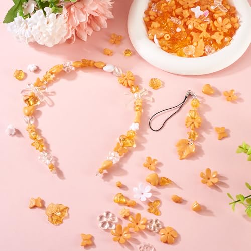 100g Diverse Acryl kralen Bloem kralen Caps Bowknot vlinder Floral Leaf Esthetic Craft Kralen Bulk voor armband sieraden maken, donker oranje & White