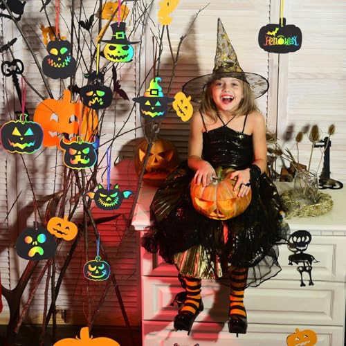 48 stukken Kraspapier voor Halloween Pompoen Kids Kraspapier Regenboog met Bamboe Pennen en Lint voor Hang Halloween Gift DIY 4