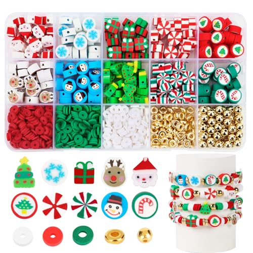 Set van 960 kerstkralen voor kinderarmbanden, strikkralen van polymeerklei voor het maken van sieraden, oorlogen, kerstcadeaus, knutselen, knutselen