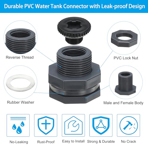 PVC Bulkkop Past met Plug G 3/4, 3 stuks Dubbele Threaded Bulkhead Water Tank Connector met PVC Afdichting pakking voor Rain Bucket, Spoelen, Aquariums, Grijs 3
