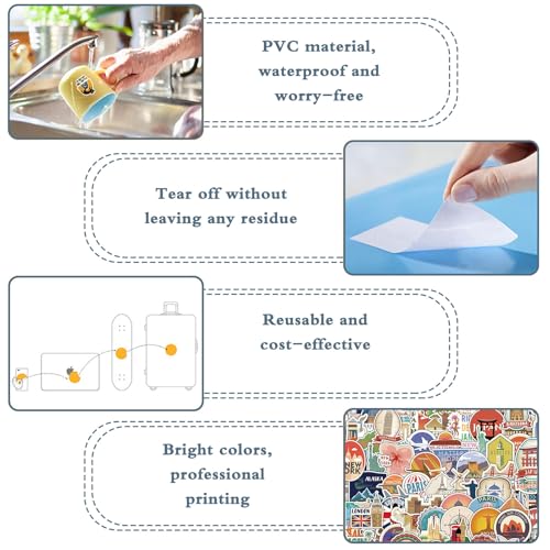 World Travel Stickers, 100 stuks Stickers Vakantie koffer Stickers Beroemde symbolen Bezienswaardigheden Reizen Stickers Waterdichte Vintage Travel Sticker Set voor koffer, auto, fiets, laptop, helm 3