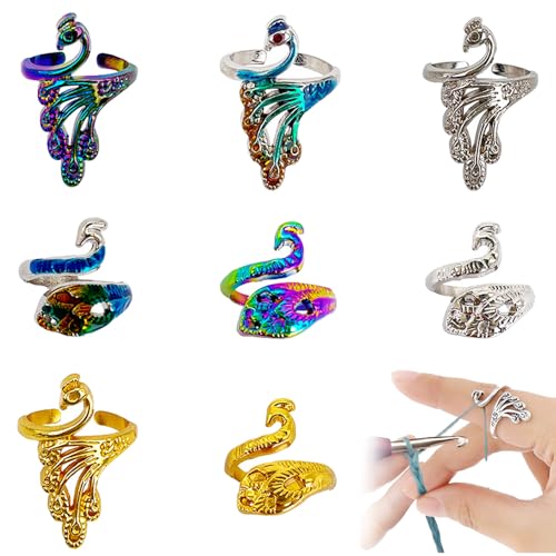 8st gehaakte ring, verstelbare breiringen, Open garen gids haak ringen Markers haken accessoires Peacock weave Hook gevlochten Open duim haak ring voor vinger (Multicolor)
