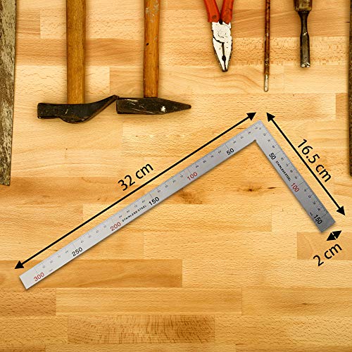 Stainless Steel L Liniaal, 300 mm x 150 mm, Dubbelzijdige weegschaal, 90 graden Liniaal, Hoekregelaar, Metaal, Vierkant, Meetgereedschap met meetschaal in inches en cm, voor Carpenter, Ingenieurs