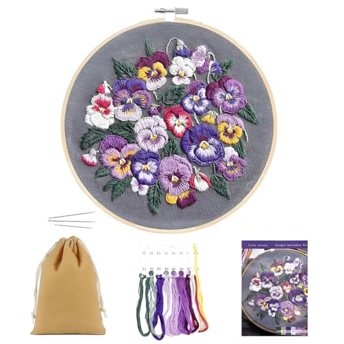 Borduursets voor volwassenen Beginners met Patroon, Linnen Viola Bloem borduren Kit Hand borduren Kits Naaien Craft Kit Inclusief Bloemen borduren Kleding Borduur Hoepel Naald
