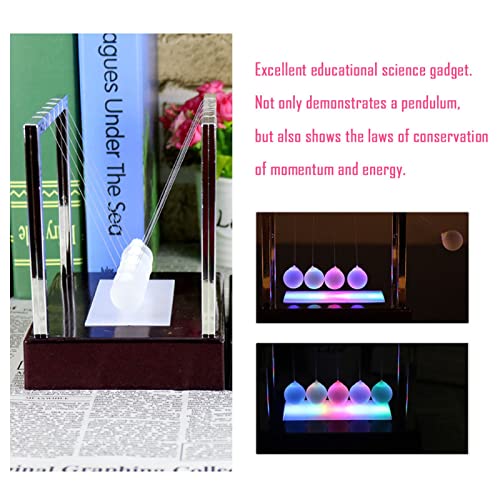 Newton Cradle Balance Balls Spel 5 Glass Ball Pendulum, Kleurrijke LED licht Pendulum ballen met basisbalans Fysica Pendulums, Stress verminderen speelgoed ornament, 12x9x12cm