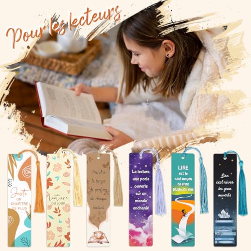 Esthetische bladwijzers papier, 6 x bladwijzers met Franse woorden en kwasten, cadeau voor volwassenen, kleine cadeaus voor scholen, eerste schooldag, boekenliefhebbers 5