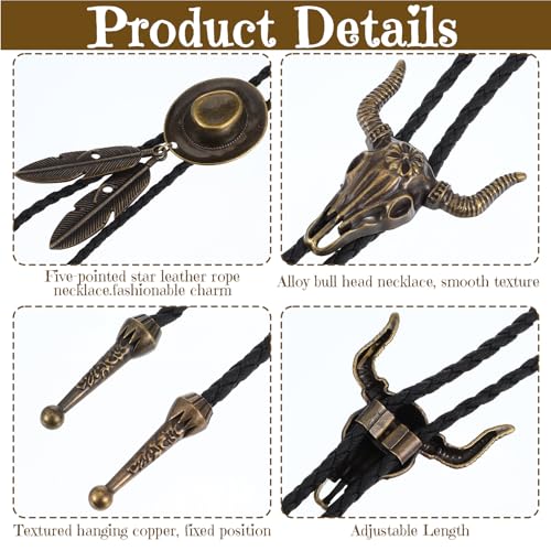 2 stukken Bolo Tie, Western Cowboy en Cowgirl Tie Vintage lederen Tie Handgemaakte hoed Veer ketting hanger voor mannen Vrouwen 5