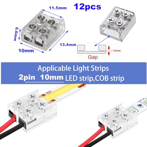 Pak van 12 LED Strip Connectors, 2-pins, 10 mm, 12 V, Transparant, Soldeervrij, Schroef, Terminal Block, 2-pins, 8 mm Connector met Schroevendraaier voor Plain 12 V en 24 V LED Strips