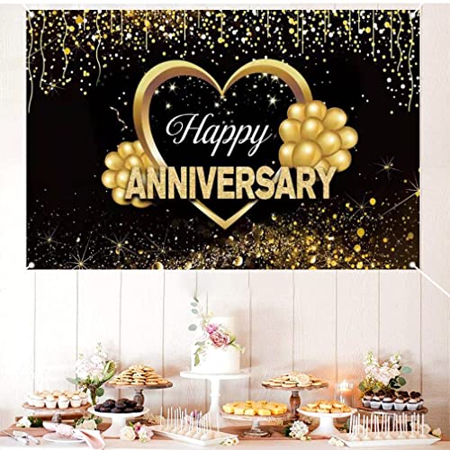 Gelukkige verjaardag decoratie, bruiloft verjaardag Feest Banner Stof Tekenposter Achtergrond Banner, Tafelkleed, Zwart & Goud, 150cm x 90cm 4