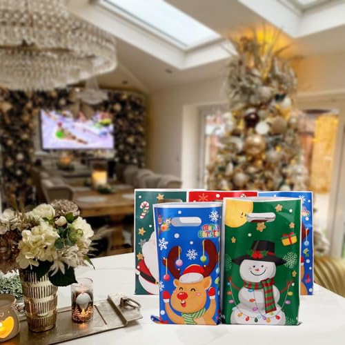 30 stuks kerstcadeauzakjes met 4 ontwerpen voor Kerstmis, goody bags, geschenkverpakkingstassen, herbruisbare kerstzakjes voor cadeautjes, kerstfeest, vakantiedecoratie 5