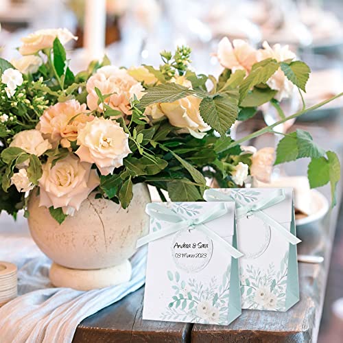 Verpakking van 50 bruiloft geschenkdozen 8 x 4 x 10 cm met groen blad ontwerp inclusief cadeauhangers en linten, kleine geschenkdozen voor bruiloft gast geschenk doop geschenk doos etc 5