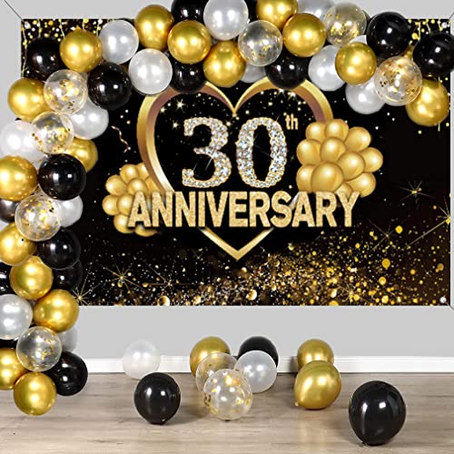 Happy 30th Anniversary Decoration Banner, 30th Bruiloft Anniversary Party Supplies Fabric Sign Poster, Black and Gold Achtergrond Decor Photo Achtergrond Welkom Sign, 150cmx90cm 4