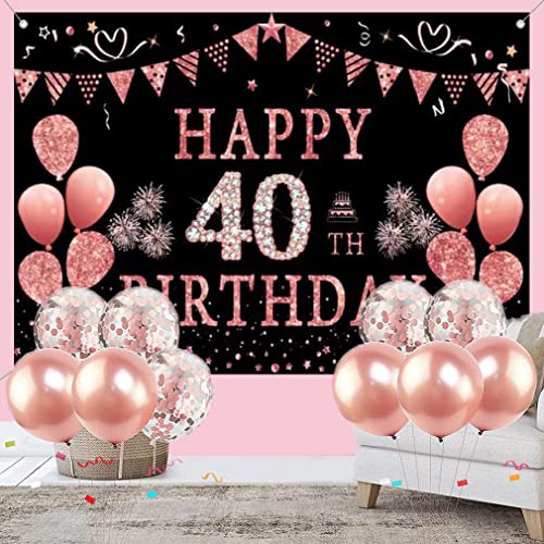 Happy 40th Verjaardagsfeest decoratie achtergrond Banner voor vrouw Gelukkig 40 jaar oude stof Tekenposter, Glitter Rose Fotografie Achtergrond 40e verjaardagstabel Decoratie, 150cmx90cm 5