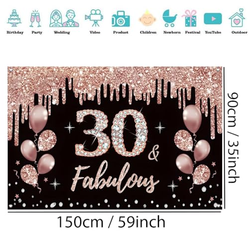 30e verjaardag decoratie voor vrouwen, 30e verjaardag decoratie zwart en roos goud glitter vlekken stof schild poster, 30e verjaardag achtergrond banner vrouw 30e verjaardag feest decoratie