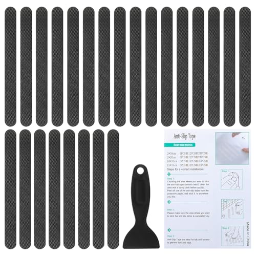 24 Stuks Non Slip Stickers voor Badkuip Veiligheid Douche Vloer Non-Slip Stickers met Self-Adhesive Stickers Scraper voor Badkuip Douche Vloer trap zwart
