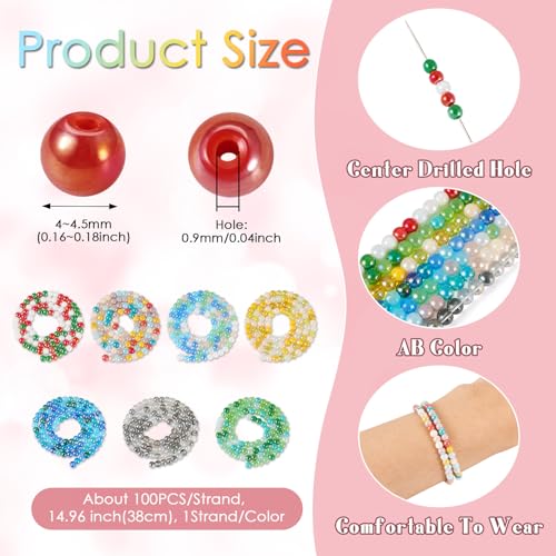 7 onderdelen Galvaniseren Glazen kralen 4mm AB gekleurde ronde glazen kralen voor DIY ketting armbanden sieraden maken, Gat: 0,9mm