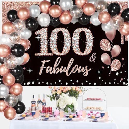 100e verjaardag decoratie voor vrouwen, 100e verjaardag decoratie zwart en roos goud glitter vlekken stof schild poster, 100e verjaardag achtergrond banner vrouw 100e verjaardag feest decoratie 3