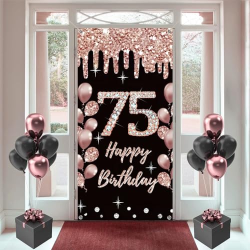75e verjaardag decoratie voor vrouwen gelukkig 75e verjaardag poster deur banner zwart en roos stof teken muur / deur banner 75e verjaardag achtergrond banner vrouw verjaardag feest welkom teken