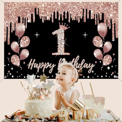 1e verjaardag decoratie voor meisjes, feest decoratie zwart en rose goud, 1e verjaardag stof teken opknoping poster, 1e verjaardag achtergrond banner partij welkom teken 5