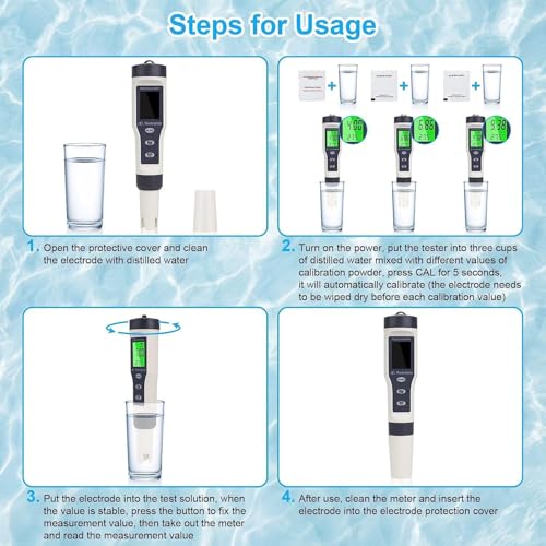 4-in-1 pH-meter, PH/TDS/EC temperatuurmeter met achtergrondverlichting, 0-14 pH Meetbereik ± 0,1 pH Nauwkeurigheid, pH-waarde meetinstrument voor zwembad, Drinkwater, Zwembad, Aquarium 3