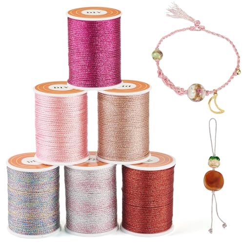 6 Rolls 1mm Metallic Threads Machine borduren Thread Red Pink Macrame Cord Naaidraad voor Tatting Quilting Vriendschap armband sieraden maken