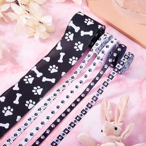 5 Rolls Paw Afdrukken Grosgrain Lint Zwart/Wit Bone Patronen Lints 10mm Animal Thema Honden Paw Afdrukken Polyester Lints voor kleding DIY het maken van decor Bow 3