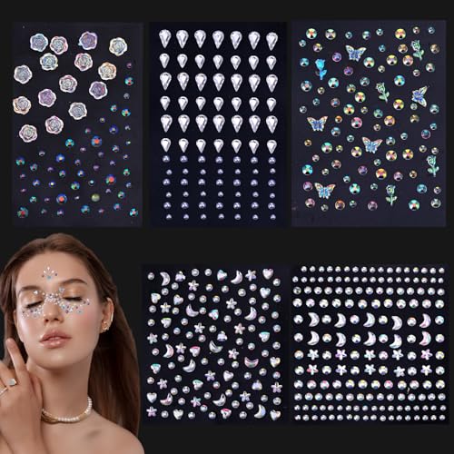 5 Vellen Gezicht Glitter Stenen Festival Accessoires, Rhinestone Stickers, Zelfklevende Rhinestone Edelstenen Stickers voor Gezicht Nagels Body Make-up