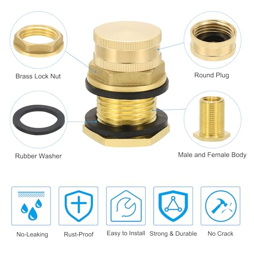 Messing Bulkhead passen met Plug 2 st 1/2 inch NPT vrouw x 3/4" GHT Man, Tuinslang met dubbele schroefdraad Bulkhead Water Tank Connector voor regenemmer, wasbakken, aquaria 3