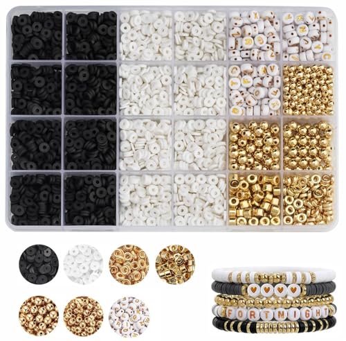 Heishi Kralen voor Strijkende Kleurrijke Ambacht Kralen Set Alfabet Kralen Letter Kralen voor Sieraden Maken Armbanden Ketting (Zwart & White)