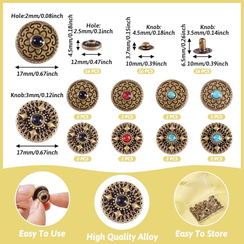 16 Sets Turkoois Quick Rivets Persknoppen Antiek brons lederen knop Decoratieve Rivets voor Purse handtas Schoenen Lederen Craft Kleding Belt