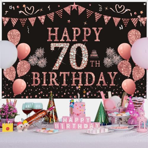 70e verjaardag decoratie voor vrouwen, roze glitter vlekken stof teken poster verjaardag feest decoratie,70e verjaardag achtergrond banner vrouw,70e verjaardag feest decoratie