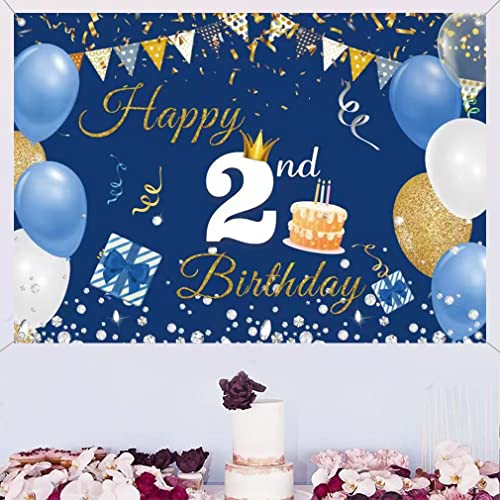 2nd Birthday Decorations for Boy/Girl, 2 Year Old Achtergrond Banner Fabric Sign Poster, Gelukkig 2nd Birthday Party Supplies, Blue Photography Achtergrond Welkom Sign, 150cmx90cm 3