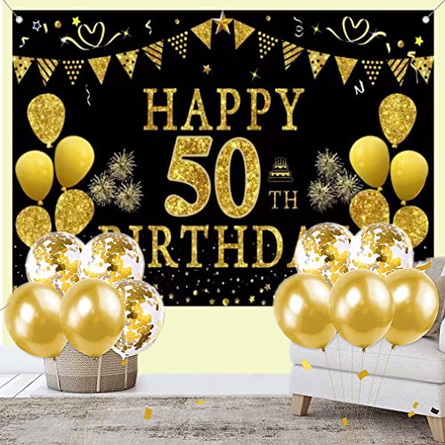 50e verjaardag Decoratie voor mannen/vrouwen, 50e verjaardag Stof Teken poster 50e verjaardag partij achtergrond Banner Verjaardag Decoratie zwart en goud, 150cm x 90cm 5