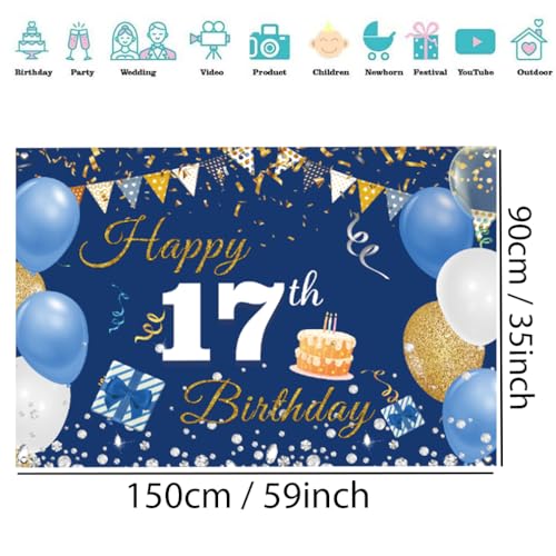 17e verjaardag decoratie jongen meisjes,17e verjaardag banner blauw,17e verjaardag stof teken poster,17e verjaardag achtergrond banner jongen verjaardag feest decoratie