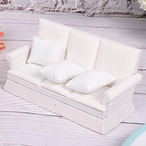 Dollhouse Sofaset, 1:12 Dollhouse Mini Bank met 3 st Kussen Houten Meubilair Bank Kit miniatuur Speelgoed Sofa Stoelen voor woonkamer decoratie (Wit) 5
