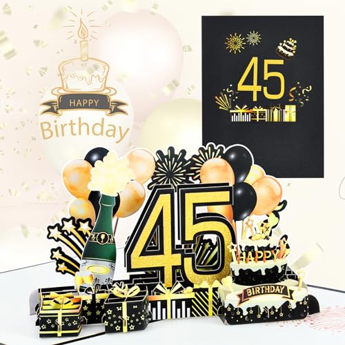 Verjaardagskaart voor 45e pop-up wenskaarten, 3D-pop-upkaart, verjaardagskaarten met envelop voor vrouwen, moeders, meisjes, mannen, vrienden, romantische geschenkkaart