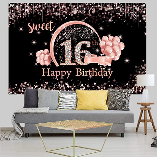 Sweet 16th Birthday Decoration - Banner Black and Rose Gold, Fabric Sign, Poster, schattige achtergrond voor meisje 3