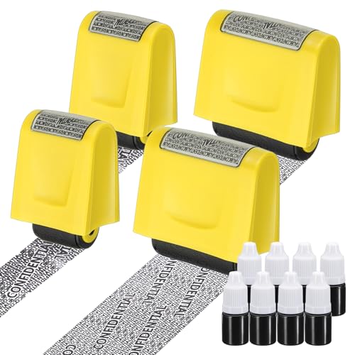 Identiteitsdiefstal bescherming, 4 stuks 0,7/1.7 Inch Vertrouwelijke Roller Stempel Privacy ID Politie postzegel Roller voor Beveiliging ID-adres met 8 stuks Refills, Geel