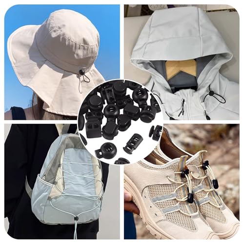 48st Cord Locks Spring Tumble Black Plastic Cord End Locks 8 Styles Legering koord Schakel Ends Sluiting Knoppen Rocker Sliders voor Trekkoord Rugzak Schoenacee 3