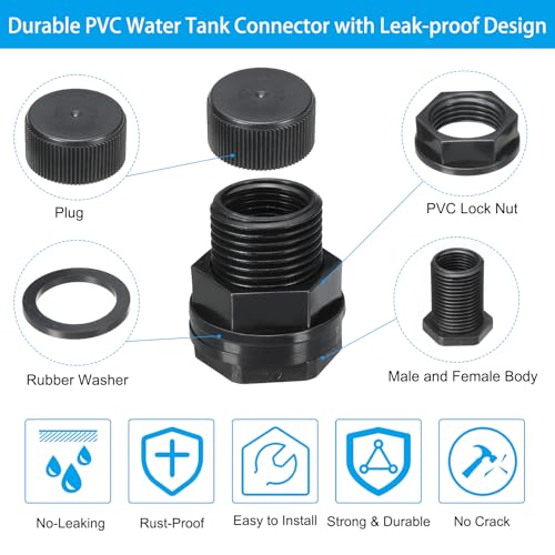 PVC Bulkhead Fitting met dop NPT1/2 Vrouw x GHT 3/4 Inch Man, 4 stuks Dubbele Threaded Bulkhead Water Tank Connector met Sealing pakking voor regenemmer, wasbakken, Aquariums, Zwart 3