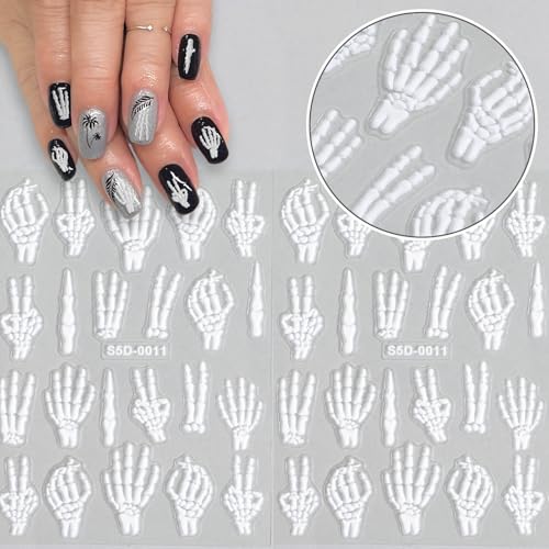 2 stuks Halloween Nail Stickers - 5D Gegraveerd Skeleton & Schedelpatroon  Nagel Art decoraties 5