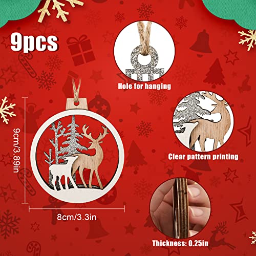 9 stuks Hangende houten kerstboom ornamenten, Ronde kerstversieringen met Elk Santa Claus Snowman Hollow Decor Farm Decoraties voor kerstboom Wintervakantie