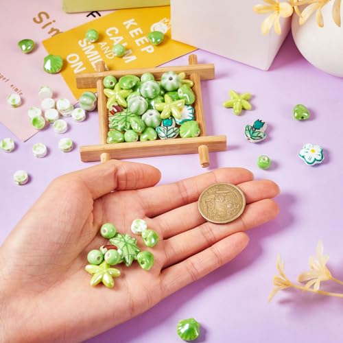 66 Stuks Handgemaakte Porselein kralen Bloem kralen Helder Geglazuurd hart / Starfish Porselein kralen Diverse Spacer Keramische kralen voor doe-het-zelf sieraden maken, gazon groen 5